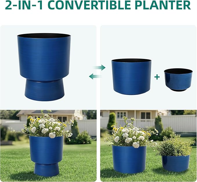 Ultym 16.8" 2-Pack Urn Planters for Outdoor Indoor Plants, Modern 2-in-1 Large Flower Pots with Detachable Base, Drainage Holes, Weather-Resistant for Garden Patio Home Office Decor, Brushed Blue