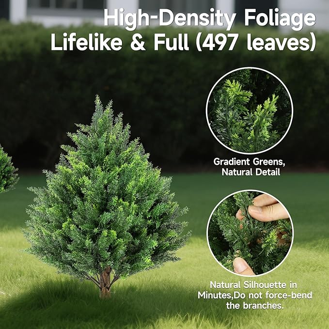 Gladeup 2FT Artificial Cedar Topiary Trees Set of 2 Detachable Planter & Spike,UV Resistant Faux Plants Outdoor and Indoor,Realistic Fake Bushes Pine Tree for Front Porch Decor Patio Offices Green