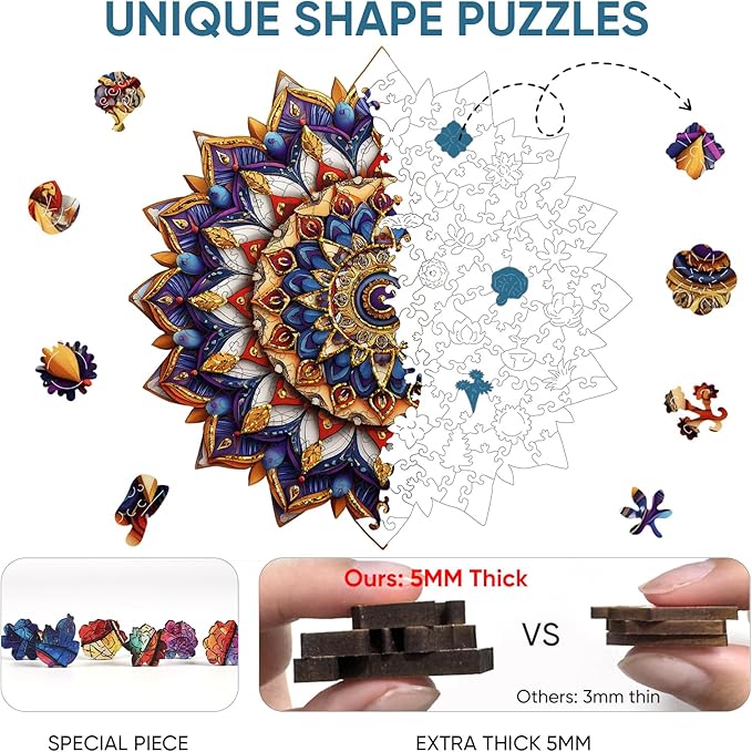 Delobil Jigsaw Puzzles for Adults, Mandala Flower Wooden Puzzles 200 Pieces, Geometric Art Gold Round Jigsaw Puzzles for Adults and Kids, Family Puzzle Games Gift Puzzle, 11.4 x 11.3 Inches