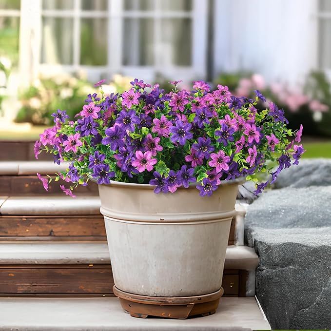 Artificial Flowers for Outdoors 12 Bundles Fake Plants Spring Home Decoration, Realistic Faux Flower Silk Daisy with Eucalyptus Stem UV Resistant Patio Planter Porch Yard Window (Double Purple)