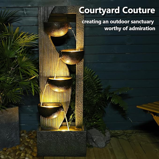 Garden Water Fountains Outdoor 5 Tiered Cascading Bowl Modern Waterfall Fountain with LED Lights, Natural Stones for Garden, Living Room, Patio, Yard Art Decor, 16.3" L * 10.8" W * 49.2" H