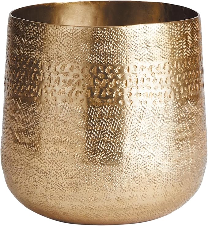 MY SWANKY HOME Elegant Classic Embossed Metal Gold Cachepot Planter Hammered Textured Round 8.25 in Indoor