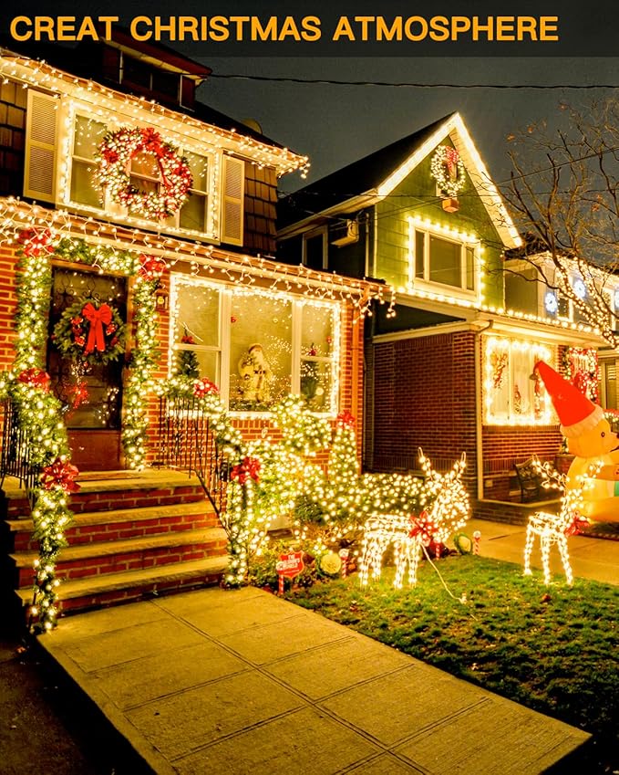 Ollny Christmas Lights Warm White, 600LED 197FT Christmas Tree Lights IP67 Waterproof, Plug in Fairy Lights with Remote 8 Modes Timer, Xmas Light for Outdoor Indoor House Holiday Decor (Pack of 2)