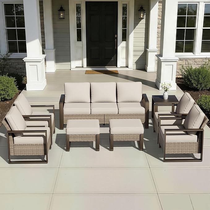Joyside Outdoor Patio Chairs, 8 Pieces Wicker Rattan Furniture Set, 4 Patio Chairs, 1 Sofa, 2 Ottoman and 1 Table, Metal Wide Armrest, Thick Cushions and Deep Seating for Garden, Backyard, Porch