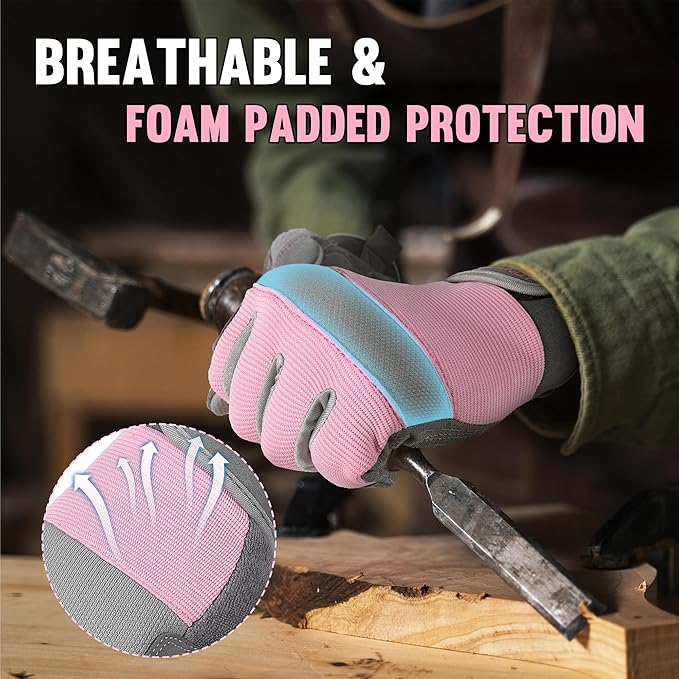HANDLANDY Work Gloves for Women, Breathable Leather Gardening Glove for Yard Maintenance, Hand Protection with Touch Screen for Gardeners, Farmers