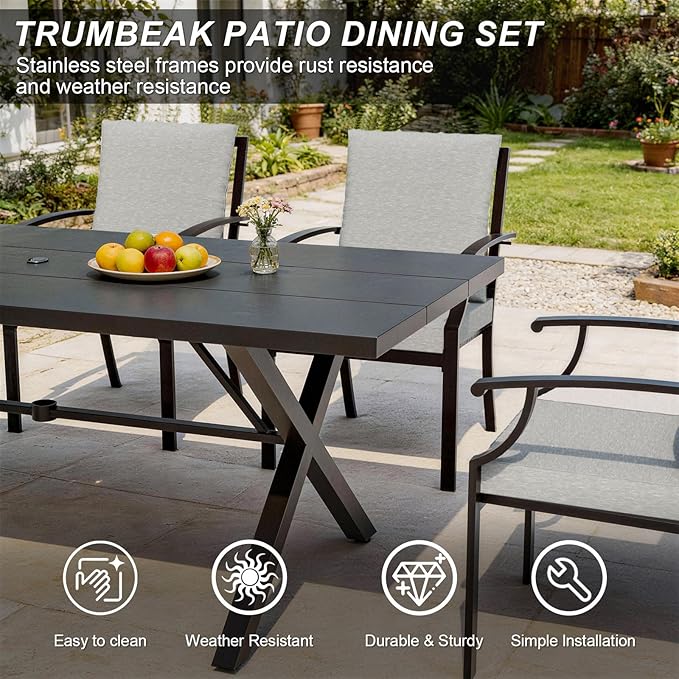 10 Pieces Patio Dining Set,Metal Outdoor Furniture Set Includes 13.6FT Grey Umbrella,Hole Cut-Out 78.7" x 35.4" Table and 8 Metal Backrest Chairs for Backyard,Garden,Grey