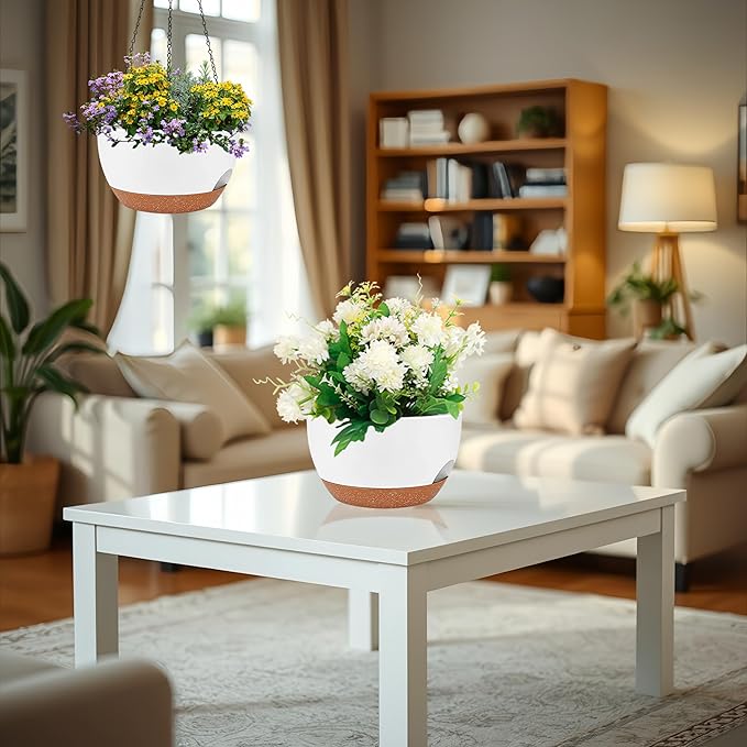 zople 2 Pack 12 Inch Large Hanging Planters with Chains Self Watering White Brown Plastic Hanging Pots for Indoor Outdoor Plants, Garden Porch Home Decor，White Brown