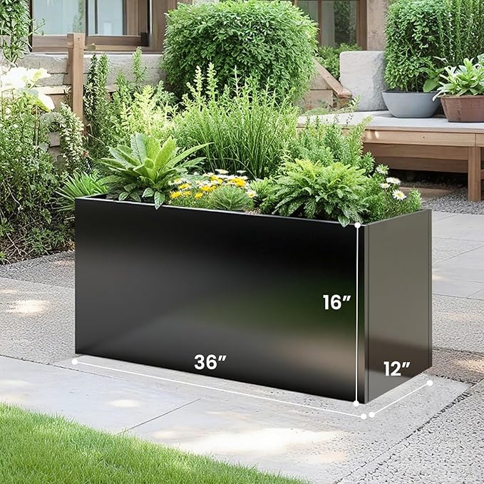 GZLVSOW Steel Planter 36" x 12" x 16" Metal Rectangle Outdoor Planter Black Powder Coated Flower Box Metallic Heavy Pot Indoor & Outdoor, Commercial & Residential (L36 x W12 x D16, Black)