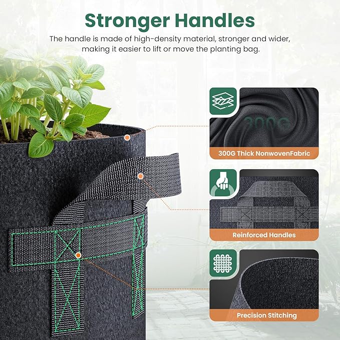 Jorvila 10 Pack 1 Gallon Grow Bags, Thickened Nonwoven Fabric Planter Pots with Handles, Heavy Duty 300G Garden Pots for Tomato, Potato and Vegetable