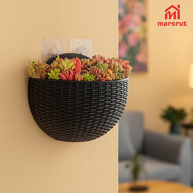 2pcs Semi Circle Hanging Wall Planter, Wall Mounted Half Round Flower Pot for Outdoor Indoor Decoration, Imitation Rattan Plastic Baskets Container with Hooks, Drainage, for Home Office Balcony Fence