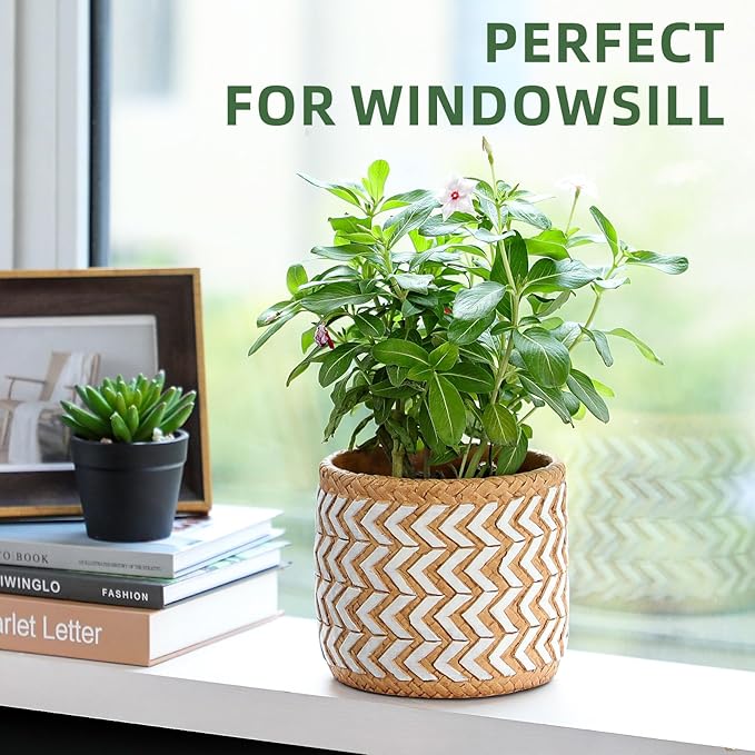vomiceak Concrete Rattan-Style Plant Basket Planter, 5" Outdoor Indoor Plant Pots with Drainage Hole, Boho Flower Pot for Succulents, Herbs, Modern Farmhouse Decor, Ideal Gift for Plant Lovers