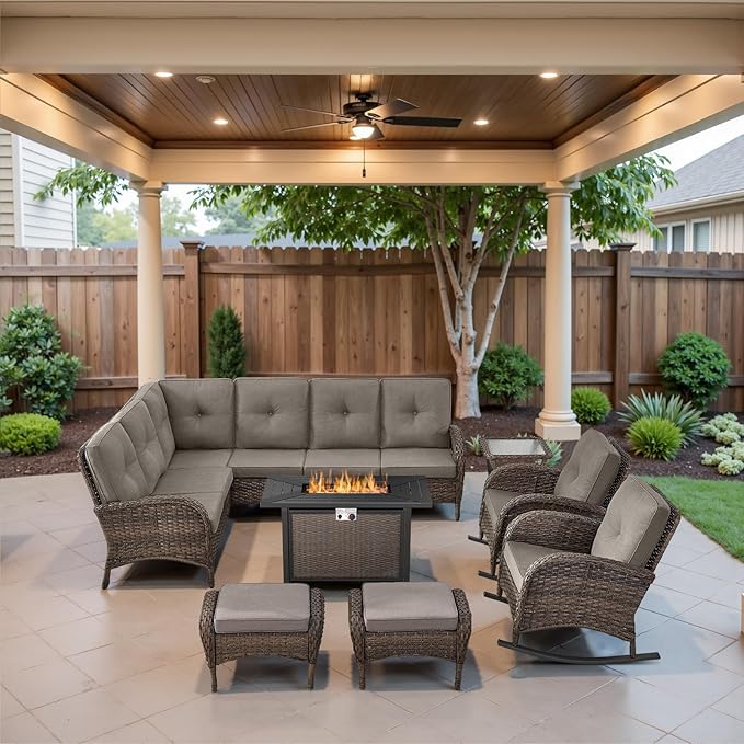 Belord 8 Pieces Patio Conversation Set with 43” Propane Fire Pit Table, Outdoor Sectional Furniture Sofa Set with Removable Gray Cushions for Patio Deck Backyard Brown