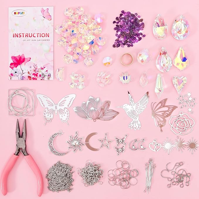 HAPGFS DIY Suncatcher Kit, 411pcs Art and Crafts Rainbow Maker for Adults Sun Catchers Making Supplies Hanging Prism Sun Catcher with Crystals Indoor Outdoor Garden Party Decor Silver
