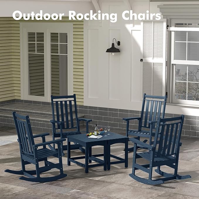 Oversized Outdoor Rocking Chair,All Weather Rocker Chair with More Comfortable Seat Panel for Porch Patio Outside(Navy Blue)