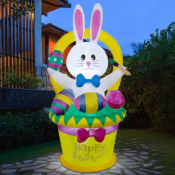 5 FT Easter Inflatable Outdoor Decoration, Inflatables Bunny with Basket and Eggs, Happy Easter Blow up Rabbit for Yard Lawn Garden Holiday Party