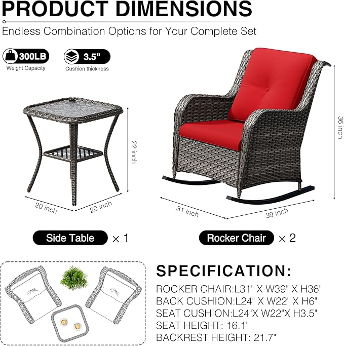 Joyside 3 Piece Wicker Patio Furniture Set, Outdoor Rocking Chair with High Back, Deep Seating, Wide Armrest, Thickened Cushions, Outdoor Rattan Furniture for Deck, Porch Use