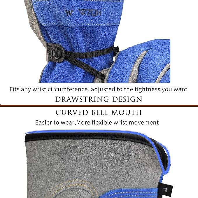 Leather Work Gloves for Men or Women. Large Glove for Gardening, Tig/Mig Welding, Construction, Chainsaw, Farm, Ranch, etc. Cowhide, Cotton Lined, Utility, Firm Grip, Durable. Blue-Grey L
