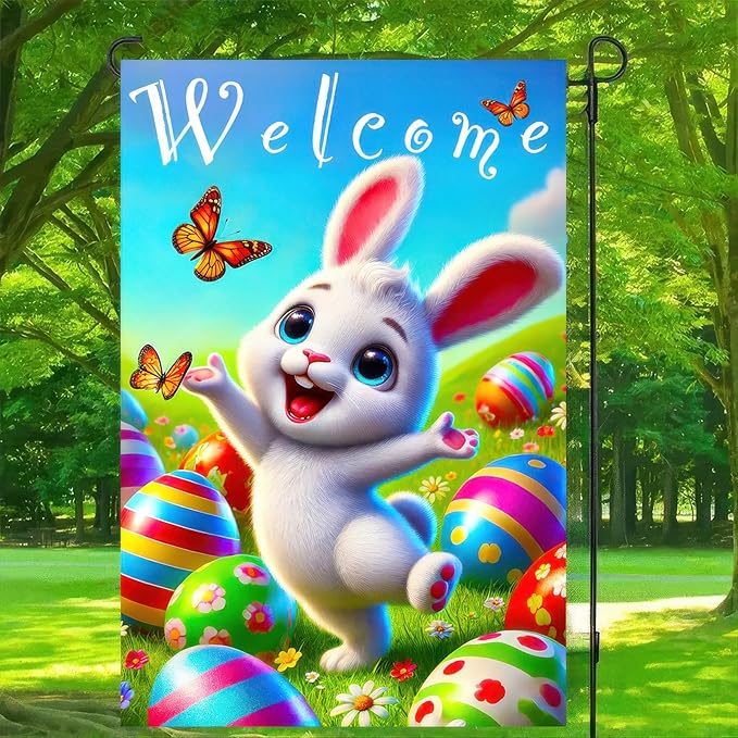 Happy Easter Garden Flag 12x18 Inch Double Sided Welcome Bunny Easter Egg Design Small Outdoor Yard Flag Cute Spring Easter Banner for Porch Lawn Patio Garden Decor