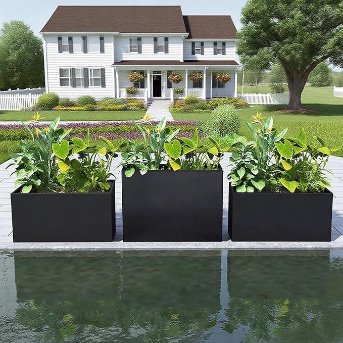 GZLVSOW Galvanized Steel Planter Black Metal Outdoor Planter Powder Coated 32" x 12" x 16" Pot Metallic Heavy Pot Indoor & Outdoor, Commercial & Residential (L32 x W12 x D16, Black)