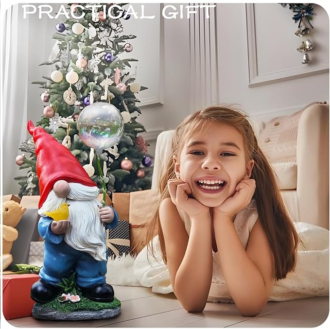 Solar Garden Male Gnome Statue, Detachable Outdoor Garden Decorative Stakes, Resin Gnome Holding Light-Up Bird & Bubble Wand, Upgraded 8-10H Lighting, for Patio, Yard, Flower Bed & Pathway, 10.63"