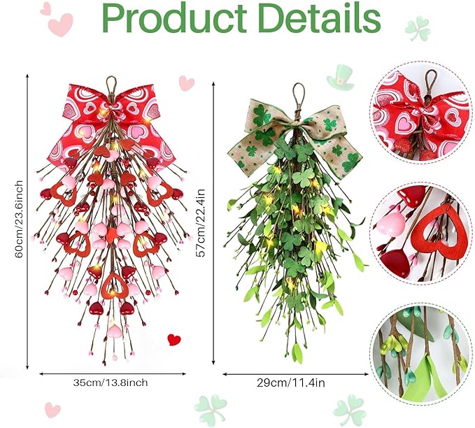 2 PCS 24" Valentine’s St.Patrick's Day Swag Wreath for Front Door Artificial Heart Shamrock Teardrop Swags Wreath Lucky Irish Valentines Kitchen Cabinet Wreaths for Home Porch Wall Window Decoration