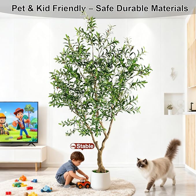 Erimda 8FT Faux Olive Tree with Tall Exquisite Planter Artificial Olive Tree Tall, Potted Fake Olive Plant with 2070 Real Touch Leaves, Indoor Outdoor Home Garden Office Decor