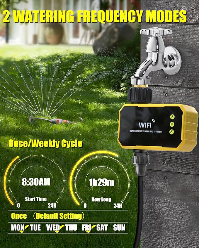 WiFi Sprinkler Timer with Brass Inlet, Smart Solar WiFi Water Timer for Garden Hose No Need Hub, Rain Delay/Auto/Manual Override, Alexa/Google Assistant Compatible, APP Remote Control via 2.4Ghz WiFi