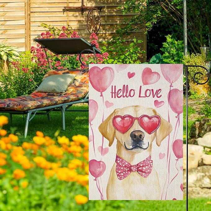 Valentine's Day Labrador Retriever Hello Love Garden Flag, House Yard Plaid Love Heart Outside Decoration, Spring Holiday Wedding Anniversary Outdoor Small Decor 12x18(12631)