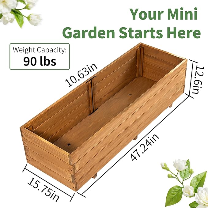 Wooden Raised Garden Bed Planter Box – Fir Wood Outdoor Vegetable, Herb & Flower Box with Drainage Holes – 47.24"x15.75"x12.6", Rot-Resistant, for Patio, Yard, Balcony