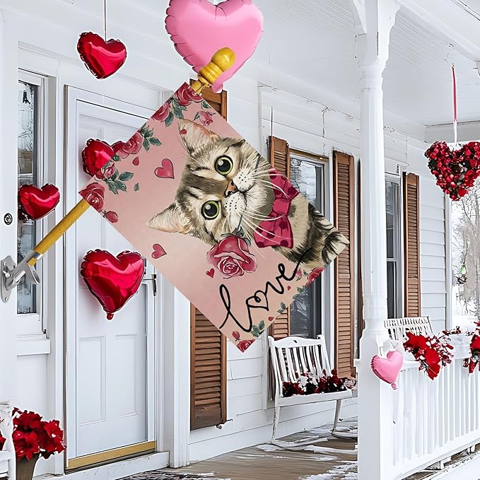 Valentine’s Day Romantic Roses Love Hearts Cat House Flag Big Large Burlap 28X40 Inch Vertical Double Sided Outside Yard Holiday Outdoor Farmhouse Decoration