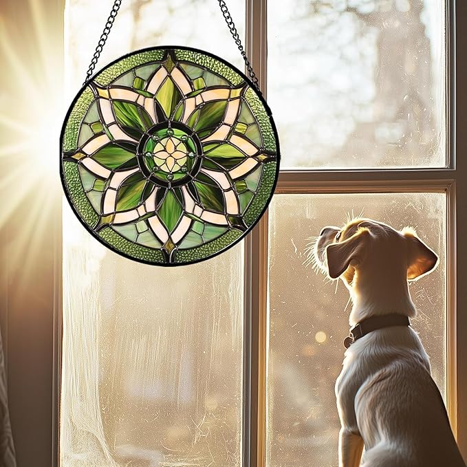 HWRHTR Stained Glass Window Hanging - White Green Boho Flower Suncatcher for Doors Window Home Sun Catchers Decor Christmas Mother's Day Birthday Gifts for Teacher Women Men Mom Nana 11.8 in