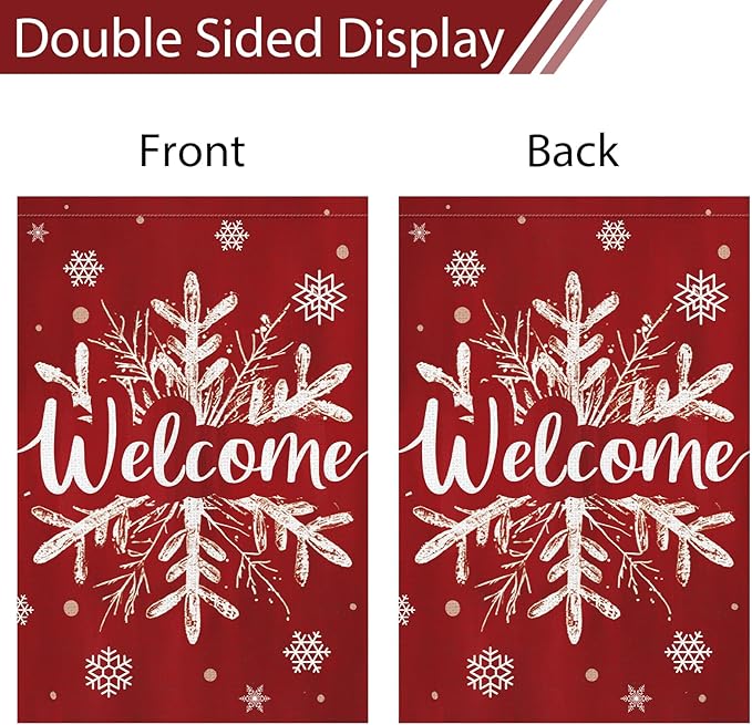 Heyfibro Christmas Welcome Garden Flag 28x40 Inch Double Sided Burlap, Winter Snowflake Yard Banner for Holiday Xmas Yard Outdoor Decoration(ONLY FLAG)