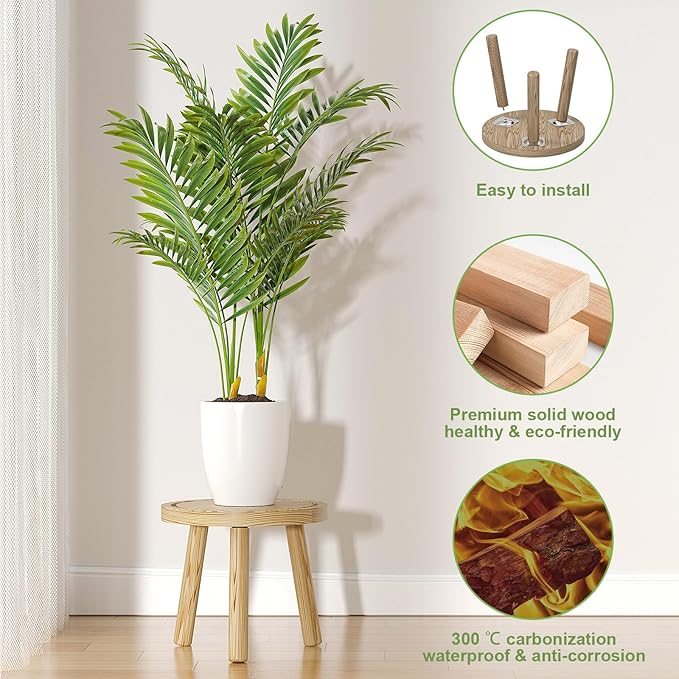 Vecxoty 3-Pack Wood Plant Stands Indoor, Single Plant Stand for 6-12 Inch Pots, Mid-Century Modern Plant Stool, Tall Plant Stand for Large Plants for Living Room, Balcony, Office (Light Brown