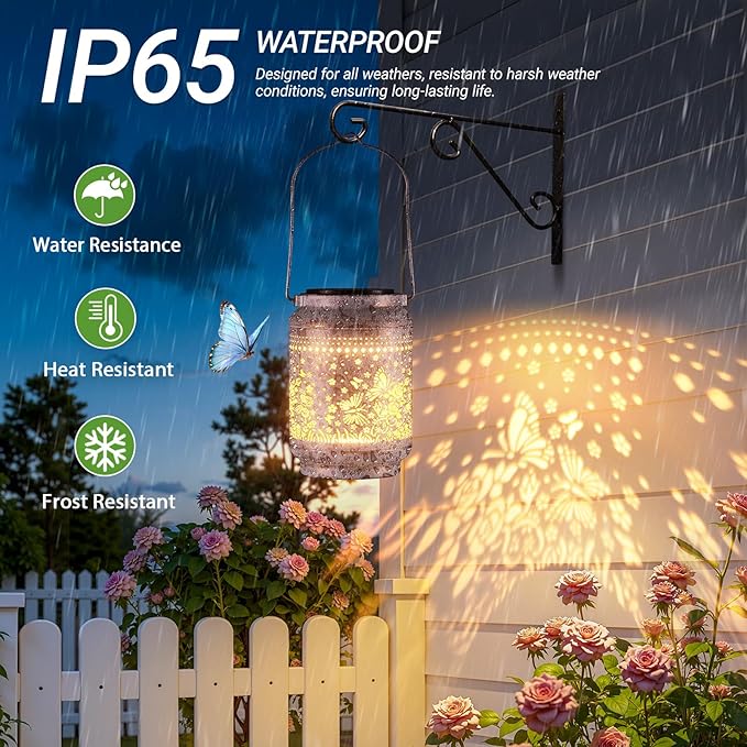 KOOPER Solar Lanterns Outdoor Waterproof Birthday Gifts for Women Mom Grandma, 2 Pack Upgraded Hummingbird Hanging Solar Lantern Lights Outdoor, Metal Outdoor Decoration for Yard (Butterfly and Rose)