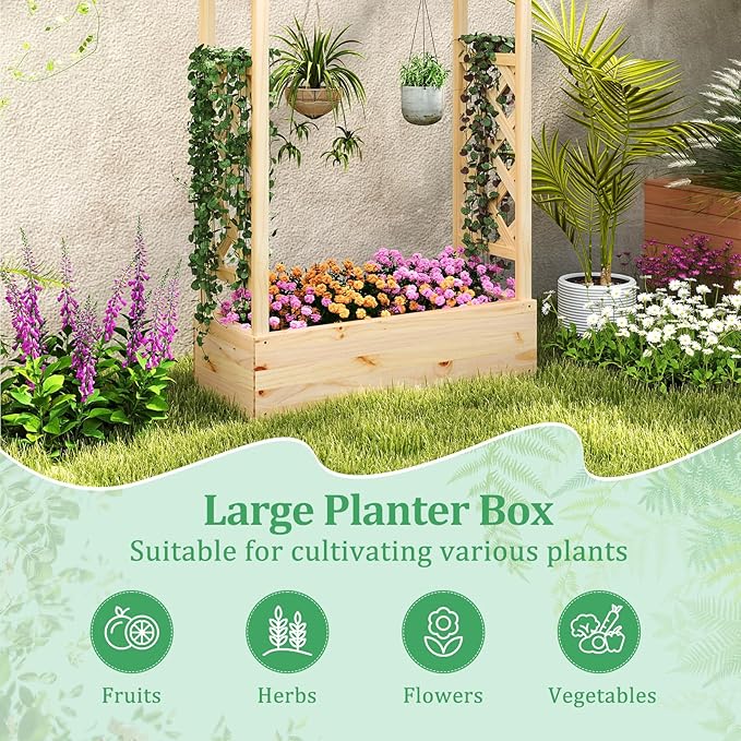 HAPPYGRILL Raised Garden Bed with Trellis, Wood Planter Box w/Hanging Roof, Drainage System, Elevated Garden Box for Climbing Vine, Outdoor Planter w/Trellis for Patio Balcony, 44" x 14" x 45"