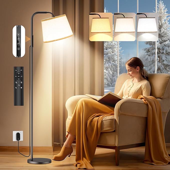 Caromolly Light Therapy Lamp, 10000 Lux Daylight Lamp with Remote & Touch Control, Adjustable Color/Brightness/Timer, Therapy Light Floor Lamp with Linen Shade for Bedroom, Office, Living Room