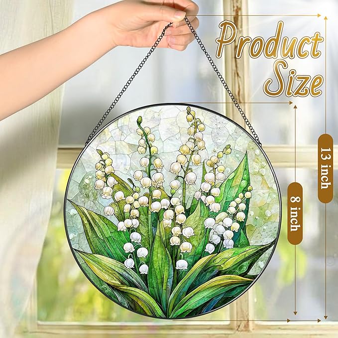 LAOWEIKI 8'' Lily of the Valley Sun Catcher Ornament, Stained Glass Window Hanging, Suncatchers for Windows Hanging Ornaments, Window Decor | Flower Lover Gift, Mother's Day, Christmas, Birthday Gifts