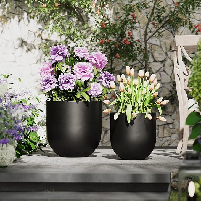 DTY Signature Mount Antero 15.7''D x 15.7''H Modern Indoor Outdoor Fiberstone Bullet Shaped Planter, Durable Round Garden Pot, Weather Resistant, Drainage Hole & Rubber Plug - Medium, Black