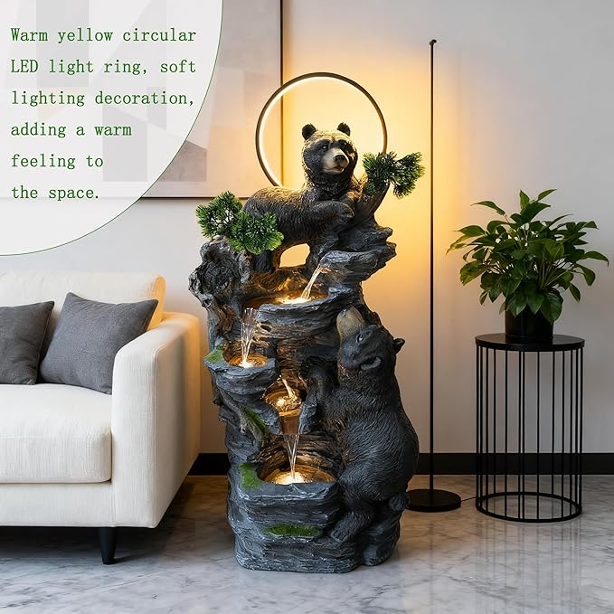 38.2" H Bear Outdoor Fountain with LED Lights and Five Tiered Waterfall Water Features,Suitable for Courtyard,Gardenand Indoor Decoration