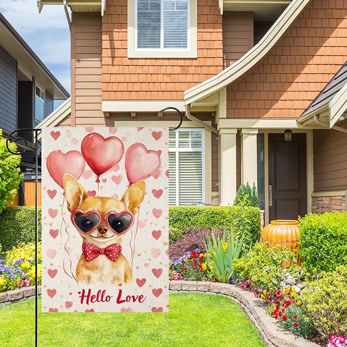 Valentine's Day Chihuahua Hello Love Garden Flag, House Yard Plaid Love Heart Outside Decoration, Spring Holiday Wedding Anniversary Outdoor Small Decor 12x18(12642)
