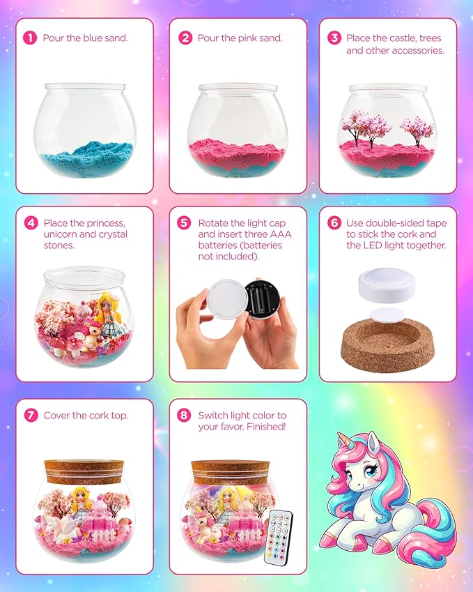 D-FantiX Princess Light Up Terrarium Kit for Kids, Unicorn Toys for Girls Age 4-6-8-10, Led Night Light Birthday Gifts for Girls 4 5 6 7 8-12 Year Old, DIY Arts and Crafts, Christmas Stocking Stuffers