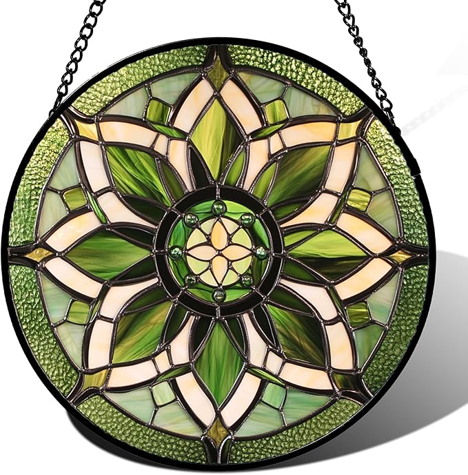 HWRHTR Stained Glass Window Hanging - White Green Boho Flower Suncatcher for Doors Window Home Sun Catchers Decor Christmas Mother's Day Birthday Gifts for Teacher Women Men Mom Nana 7.8 in