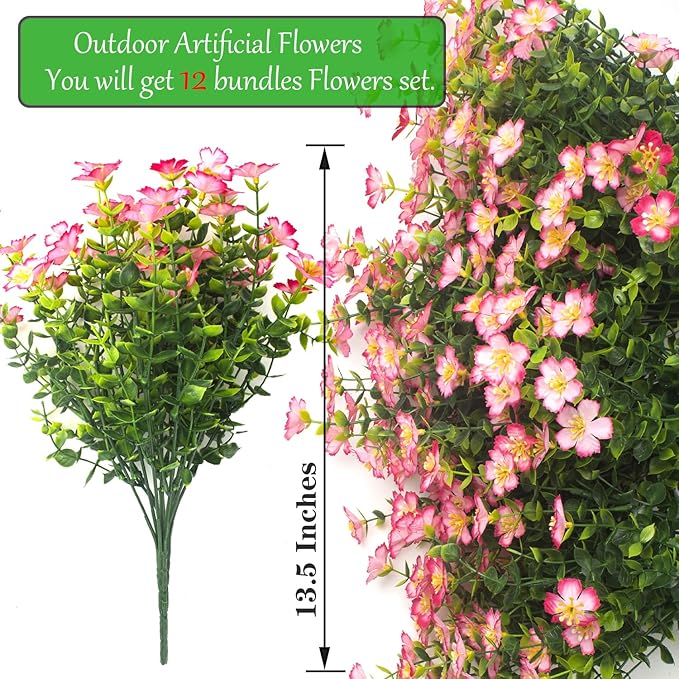 Grunyia Outdoor Artificial Flowers UV Resistant & Fade Proof, 12 Pack Realistic Fake Flowers for Garden, Patio, Lawn Decor - Weatherproof Plastic Plants (Pink)