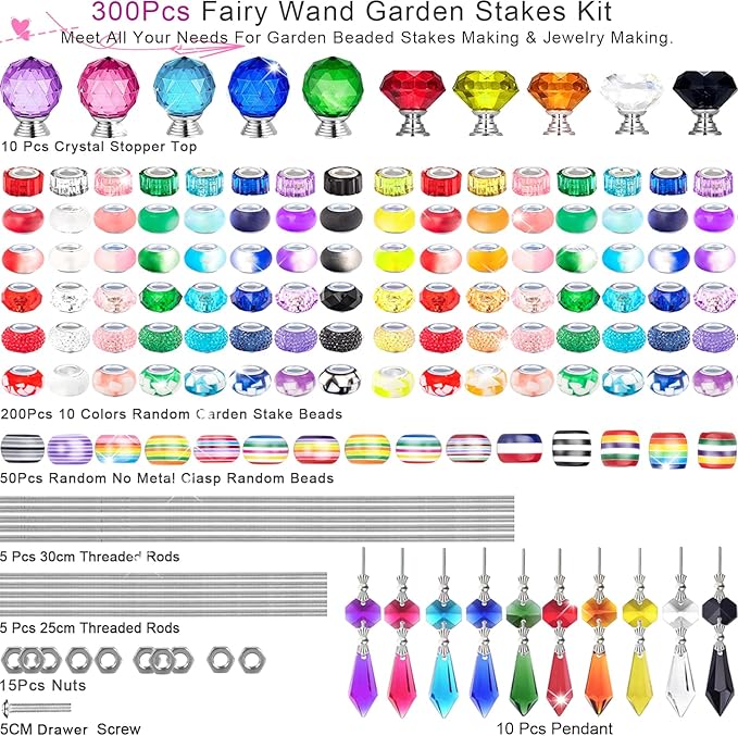300 Pcs DIY Fairy Wand Beaded Garden Stakes Kit, Fairy Wands Garden Kit Colorful Large Hole Bead with Pendants Crystal Stopper Top Threaded Rod Beaded Garden Stakes Supplies for Outdoor Decorative