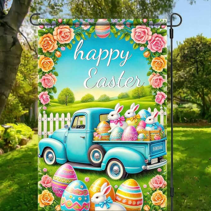Happy Easter Garden Flag Cute Bunny Truck Yard Flag 12x18 Inch Double Sided Happy Easter Eggs Outdoor Decoration Welcome Easter Outdoor Decoration Spring Farmhouse Holiday