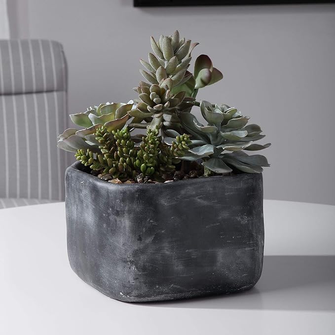 MY SWANKY HOME Contemporary Large Desert Succulent Faux Floral Charcoal Gray Concrete Planter