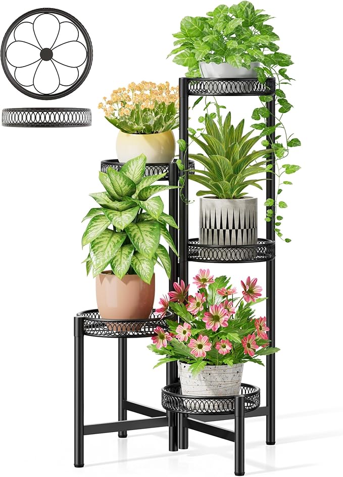 NQW Plant Stand Indoor Outdoor, 5 Tier Corner Metal Flower Display Holder Stand, Folding Tall Plant Rack for Patio Balcony Porch Garden Living Room House, Heavy Duty Wrought Iron Plant Shelf - BlackFlower