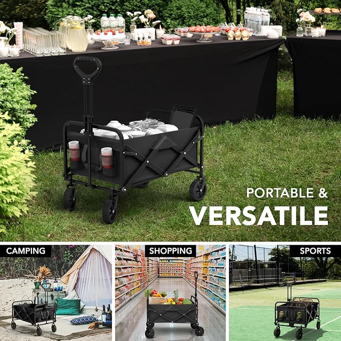 Lifetime Home Collapsible Foldable Heavy Duty Utility Wagon Cart with Larger Capacity - Perfect for Shopping, Sports Events, Grocery, Moving, Camping, Laundry, Beach - Black