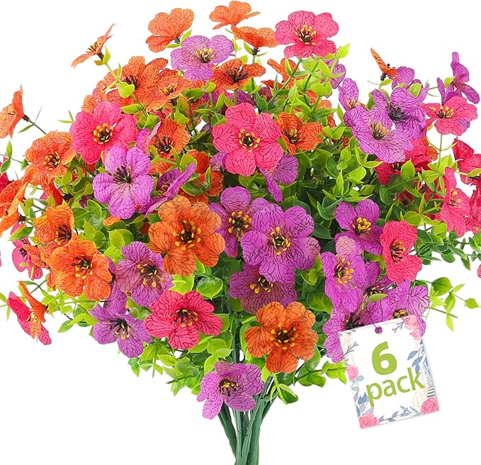 ATTGREAT Artificial Spring Flowers for Outdoors Faux Plants UV Resistant Realistic Fake Flowers Outside for Garden Planter Porch Home Decor, 6 Bundles (Multicolor)