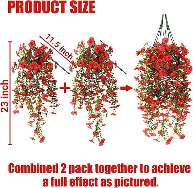 Sggvecsy Artificial Fake Hanging Flowers Plants for Outdoor Outside Spring Summer Decoration 2PCS Faux Silk UV Resistant Realistic Mums Daisy with Eucalyptus for Home Porch Patio Balcony(Red)